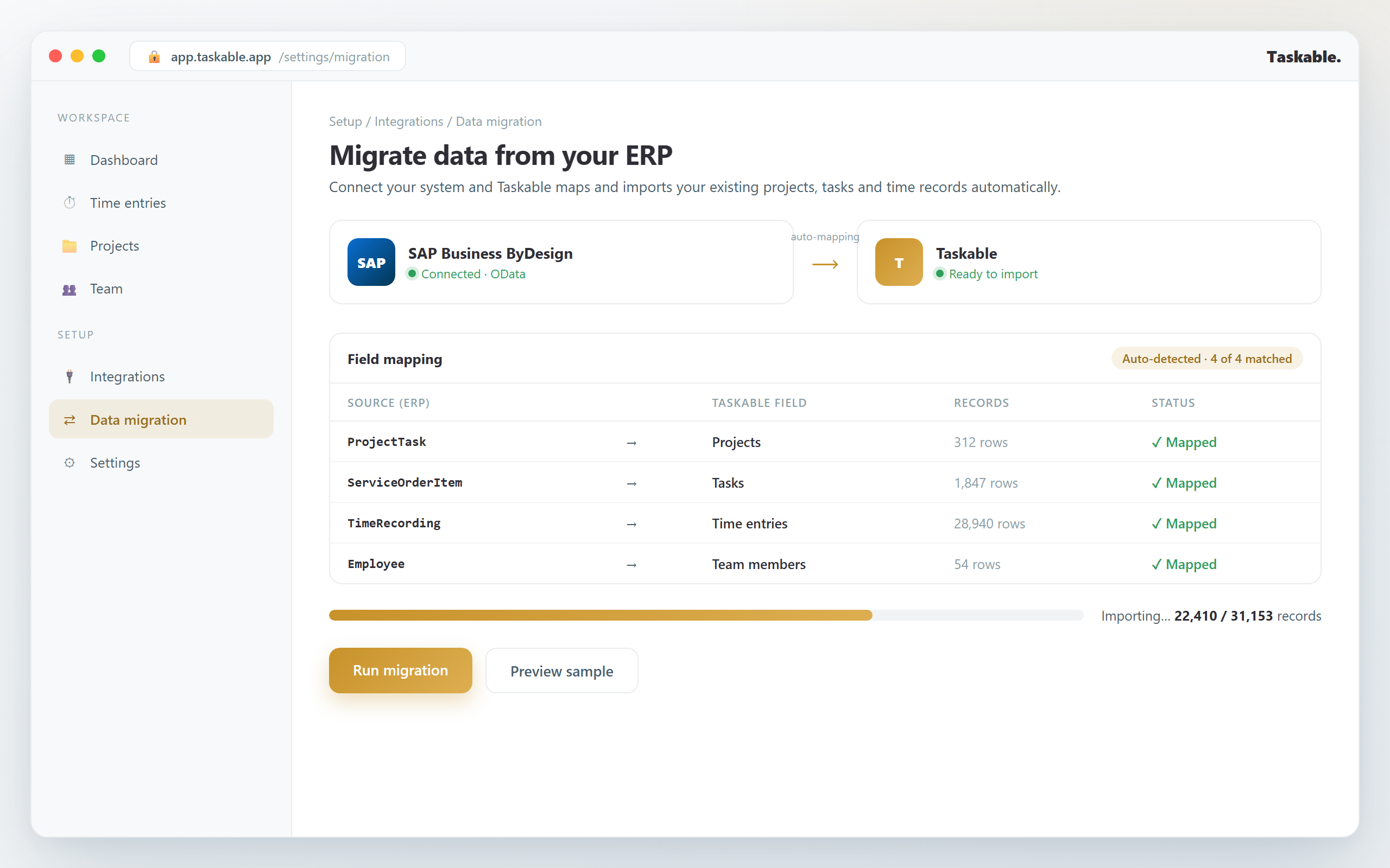 Migrating existing project and time data straight from your ERP into Taskable.